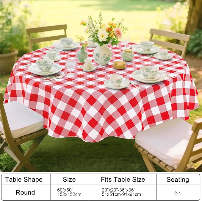 Smiry Round Plastic Table Cloth, Waterproof Vinyl Tablecloth with Flannel Backing, Wipeable Buffalo Plaid Table Cover for Dining, Indoor and Outdoor (Red & White, 60" Round)