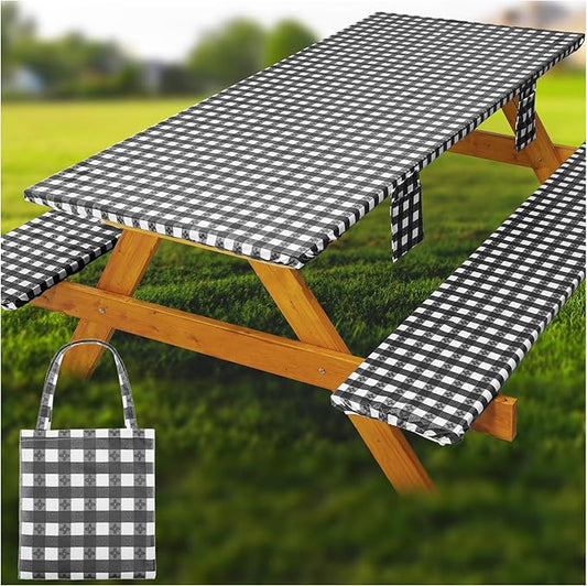 Fitted Picnic Table Cover with Bench Covers Waterproof Elastic Edges Rectangle Patio Tablecloth Outdoor Camping Essentials Stuff Rv Accessories Summer Trip Travel Supplies Party Camper Gifts, 8 ft