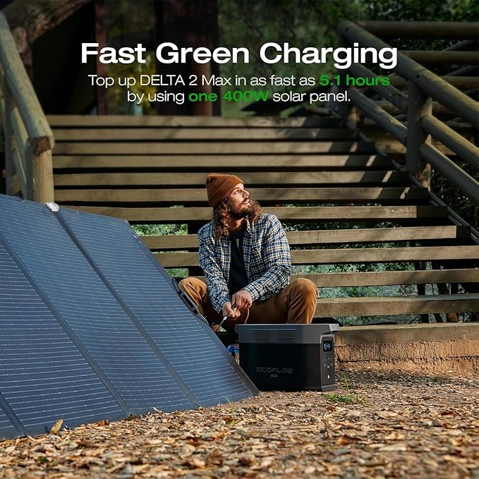 EF ECOFLOW Solar Generator DELTA 2 Max 2048Wh With 400W Solar Panel, LFP Battery Portable Power Station Up to 3400W AC Output Fast Charging 0-80% in 43 Min solar powered generator For Camping, RV
