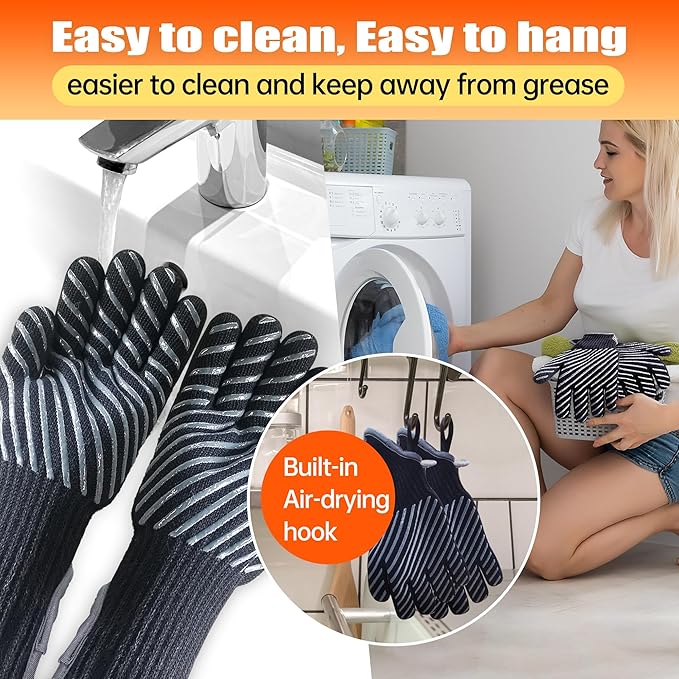 HandLove BBQ Gloves, Oven Gloves with Fingers –1472℉ Heat Resistant Gloves for Grilling | Aramid Retardant Non-Slip Grip, Long Cuff Mitts, Black,M