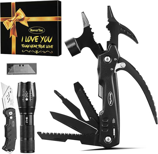 RoverTac Multitools Gift Set – 12-in-1 Multi Tool Hammer, LED Flashlight, Utility Knife in “I LOVE YOU” Gift Box – Tool Gift for Husband, Boyfriend, Him, Men – Camping Gear & Survival Tools