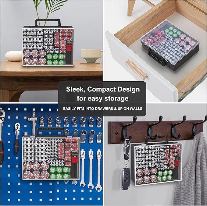 RISOU Battery Organizer Storage Case,Stores More Than 95 Batteries - Battery Storage Box for AA AAA 9V C D Lithium 3vLR44 CR2016 CR1632 CR2032 CR2025 (CASE ONLY) (Black)