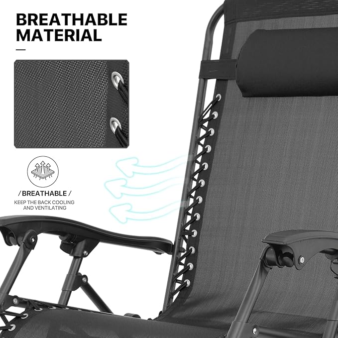 MoNiBloom Oversized Lounge Beach Chairs for Outside, 29" XL Zero Gravity Camping Chairs with Side Table, Pillow and Tray, 330lbs Capacity, Black