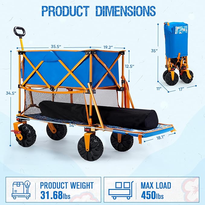 400L Collapsible Double Decker Beach Wagon with Brakes, Folding Beach Cart with 54" Extra Long Decker, 450LBS Heavy Duty Wagon Chart with All-Terrain Big Wheels for Sand Camping Garden