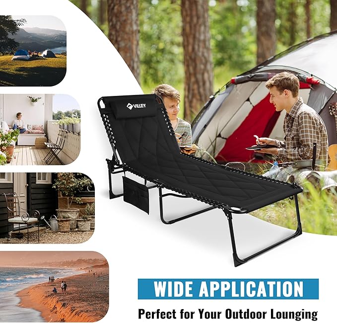 VILLEY Oversized Padded Chaise Lounge with Cushion, Foldable Camping Cot, Patio Reclining Lounge Chairs, Folding Sleeping Bed for Outdoor, Indoor, Backyard, Garden, Camping, Relaxing, Beach Tanning