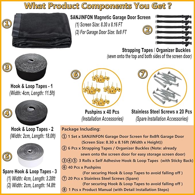 Garage Door Screen 1 Car 8x8ft Garage Screen Door Mesh, Upgraded Fiberglass Stronger Than PET and Polyester, Patio/Porch/Balcony Door Screen 8x8 ft, Heavy Duty Weighted Bottom & Magnetic Closure