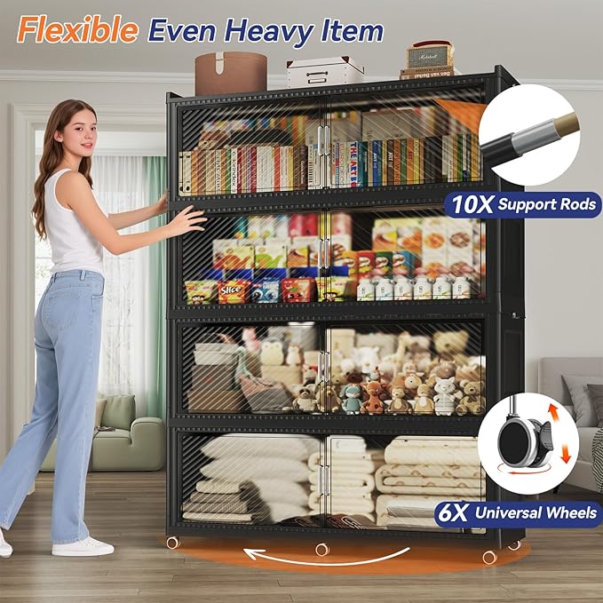 150GAL Extra Large Stackable Storage Bins with Lid, 600QT Plastic Closet Organizer and Storage Cabinet with Wheels and Doors, Folding Storage Box Container for Home Organization, 3Pack Black