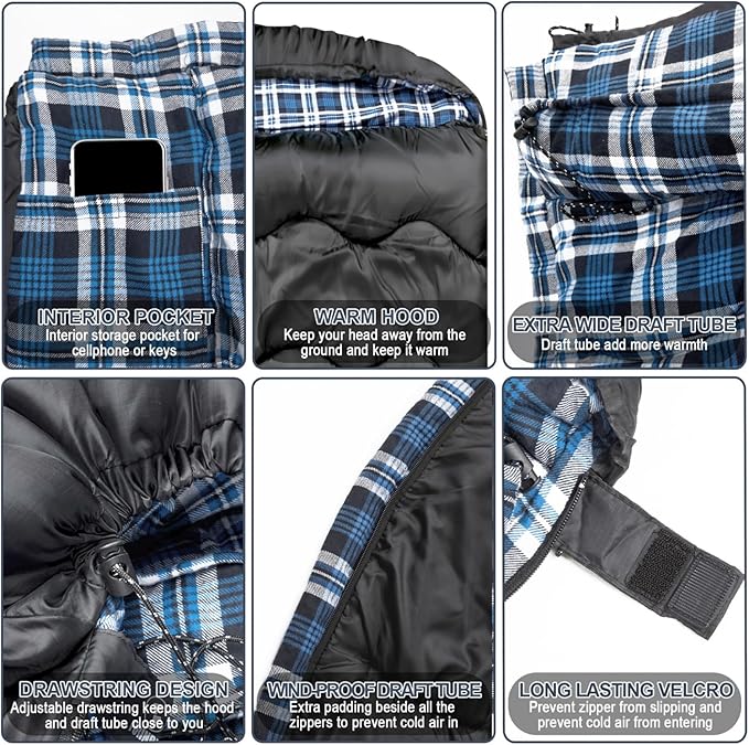 0 Degree Flannel Double Sleeping Bag for Adults, Couples or Family - Winter Queen Size Waterproof & Warm 2-Person Sleeping Bag for Cold Weather Camping, RV Travel