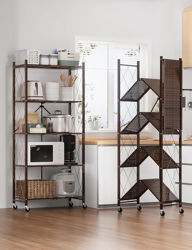 ALANNG 70.7" H Metal Storage Shelves, 5 Tier Folding Shelf on Wheels, Heavy Duty, No Assembly, Rolling, Collapsible Rack Unit for Kitchen, Basement, Pantry (Vintage Brown,4 Pack)