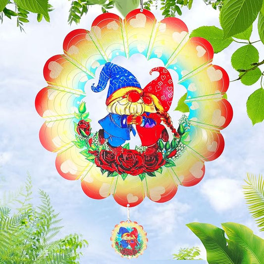 Gnome Wind Spinners Garden Yard Decor Gift for Women Men, 12 Inch Outdoor Metal 3D Wind Spinner, Stainless Steel Hanging Wind Catchers Kinetic Sculpture for Outside Decoration