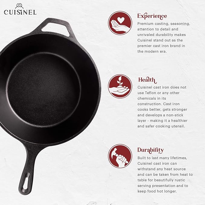 Cuisinel Cast Iron 2-In-1 Multi Cooker - 3-Quart Dutch Oven and Skillet Lid Set Oven Safe Cookware + Black Pan Scraper - Use As Dutch Oven and Frying Pan - Indoor and Outdoor Use - Grill, Stovetop