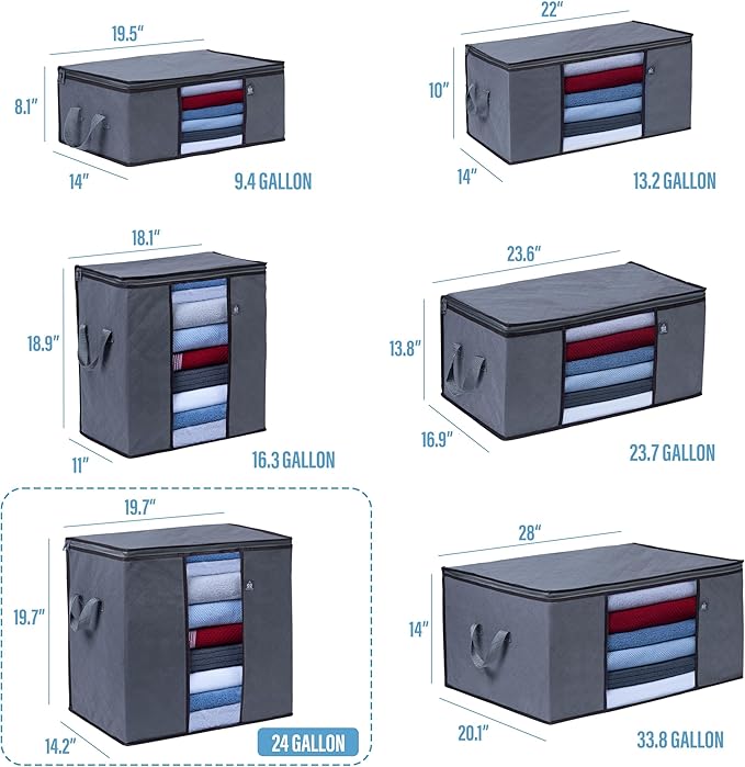 VENO 3 Pack Clothes Storage Bag Organizer with Reinforced Handle Thick Fabric for Comforters, Blankets, Bedding, Foldable with Sturdy Zipper, Clear Window, Reusable (Tall 24 Gallon)