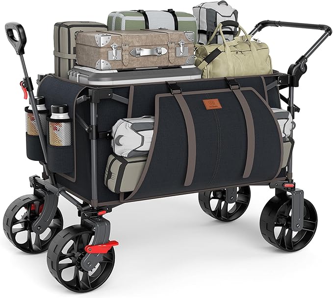 EVER ADVANCED Folding Push Wagon with Brakes, Portable Shopping Cart, Collapsible Wagon Cart with All-Terrain Big Wheels for Camping, Beach, Sports