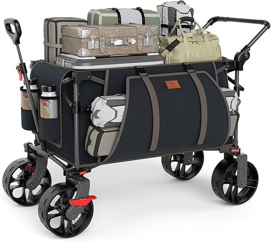 EVER ADVANCED Folding Push Wagon with Brakes, Portable Shopping Cart, Collapsible Wagon Cart with All-Terrain Big Wheels for Camping, Beach, Sports