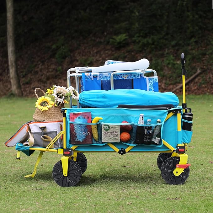 49" L Extra Long Beach Wagon with Tailgate,Big Wheels with Brake for Sand, Collapsible Utility Beach Cart Heavy Duty Folding Wagon,Ideal for Outdoor Sand Camping Garden Pet