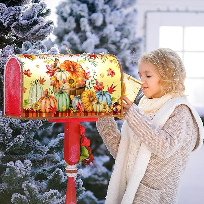 Fall Pumpkins Mailbox Cover Magnetic Standard Size 21x18inch Autumn Maple Leaves Floral Mailbox Wrap Thanksgiving Watercolor Pumpkin Harvest Post Letter Box Covers for Home Garden Yard Outdoor Decor