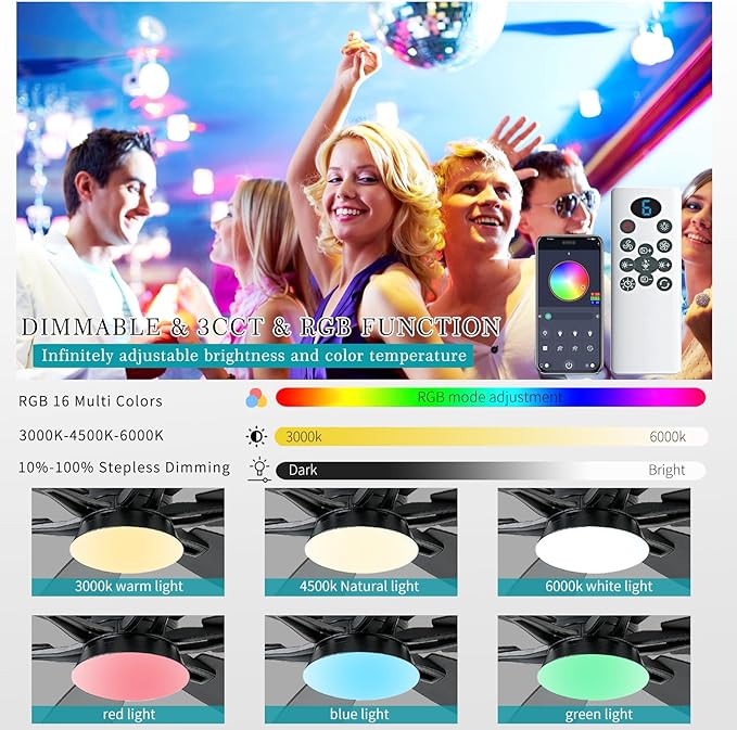 52inch Black Ceiling Fans with Lights and Remote/App Control, Low Profile Ceiling Fan with Light and 6 Double-Side blades, Flush Mount, LED/RGB Dimmable DC Reversible Modern Ceiling Fan for Bedroom