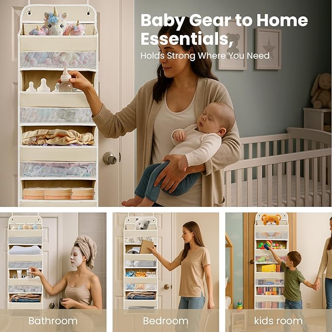 Over The Door Organizer with 4 Side Mesh Pockets, 4 Shelf Capacity Hanging Behind The Door Kitchen Organizers and Storage Suitable for Storing Toys, Shoes, Towels, Lvoy White, 4 Shelf