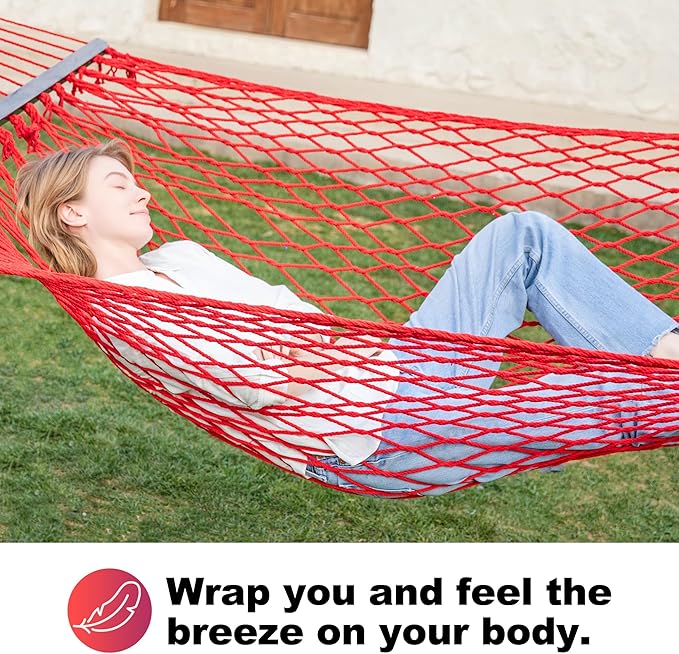 12ft Double Hammocks, Handwoven Traditional Cotton Rope Hammock with Hardwood Spreader Bar, Chains and Hooks for Indoor Outdoor, Max 450 lbs Capacity (Cherry, Full)