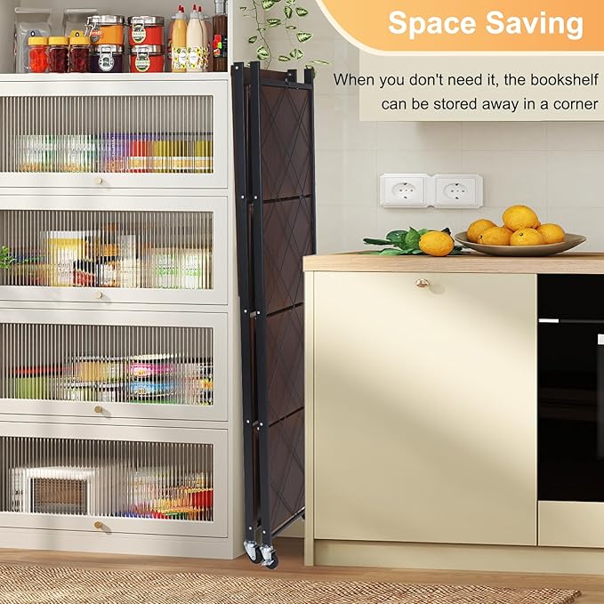 5-Tier Foldable Storage Shelves with Wheels, Folding Metal Shelf Unit, Folding Bookshelf no Assembly, Collapsible Shelves for Craft Shows for Kitchen, Bedroom, Living Room, Rustic Brown