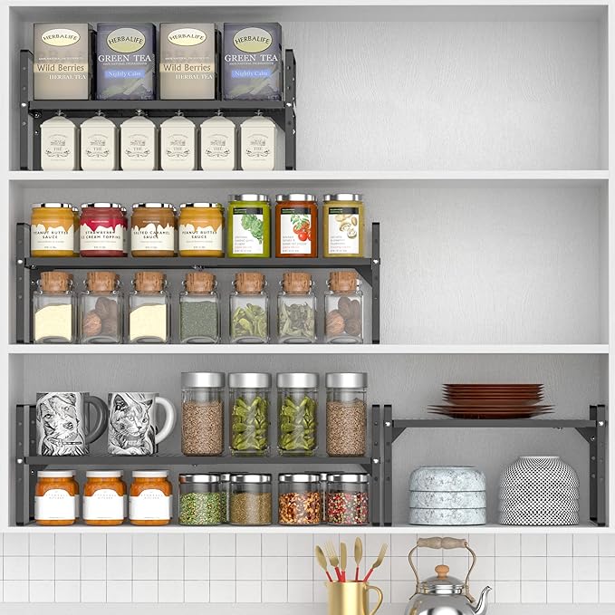 Redrubbit Expandable Cabinet Storage Shelf, Adjustable Height Steel Metal Kitchen Counter Organizers Shelves Spice Rack for Kitchen Pantry Bathroom Cupboard Desk Home Office, Black-1 Pack