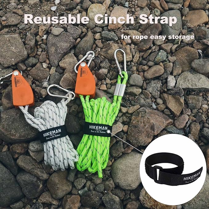 Hikeman Camping Rope with Ratchet Pulley,Quick Setup Outdoor Guy Lines Adjustable Tent Tie Downs Rope Hanger for Canopy,Kayak and Canoe,Grow Light (Orange)