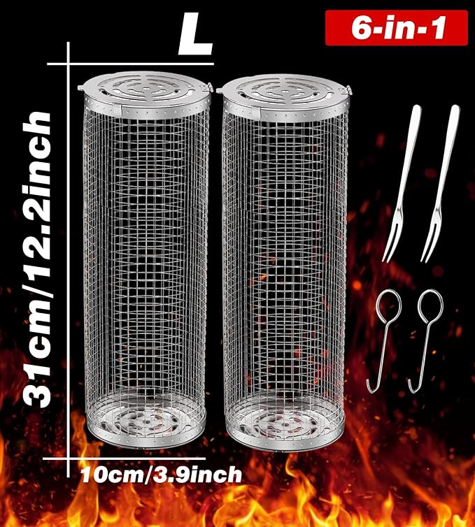 Rolling Grilling Baskets for Outdoor Grill Bbq Net Tube Must Have Large Round Mesh Barbecue Cylinder Cage Essentials Gadgets Cooking Accessories for Picnic Veggies Vegetable Fish Meat, Gift for Men