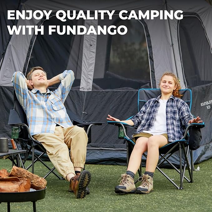 FUNDANGO Oversized Camping Chair for Adults, Heavy Duty Foldable Portable Lawn Chair with Padded Seat & Back, 4-can Cooler & Cup Holder, Carry Bag Included for Outdoor (Black/Grey)