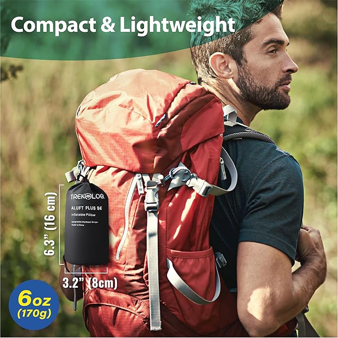 TREKOLOGY Inflatable Camping Pillow with Removable Cover - Ultralight Backpacking, Hiking, Beach, Travel Sleeping Pillow - Compact, Portable, Comfortable Camp Pillow for All Adventures ALUFT Plus SE