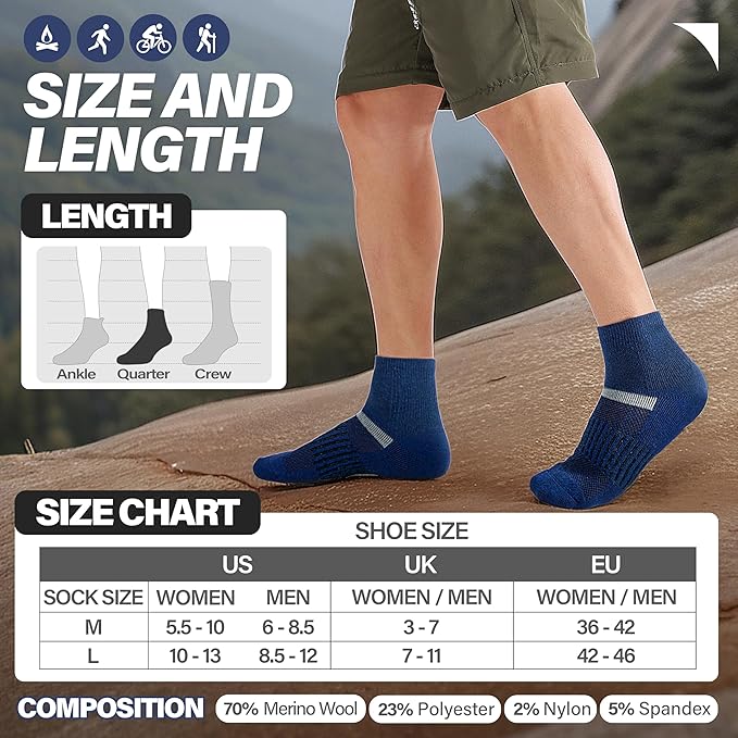 6 Pairs Merino Wool Ankle Running Hiking Socks Compression Support Breathable Thick Cushion No Show Socks for Women Men