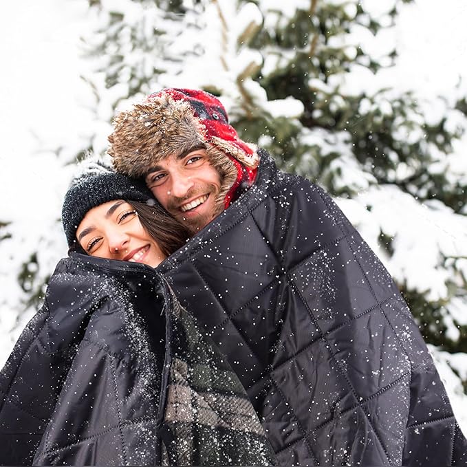 DUKUSEEK Hooded Outdoor Blanket, Waterproof Camping Blanket, Quilted, Thick Fleece, Warm, Windproof, Sand Proof, Portable and Wear-Resistant, Perfect for Stadium, Picnic, Camping