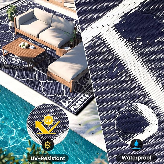 8x10Ft Outdoor Rug, Solar Powered Outdoor Rug with 113LEDs Strip Lights, Waterproof Plastic Reversible Outdoor Straw Rugs, Rugs Mat for House Deck RV Camping Patio Beach Balcony Picnic (Blue White)