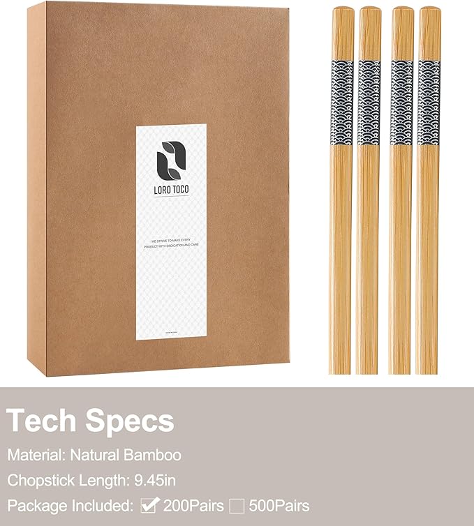 200 Pairs Bamboo Chopsticks Disposable | Reusable | Separated | Bulk | Chinese | -（9.45in）