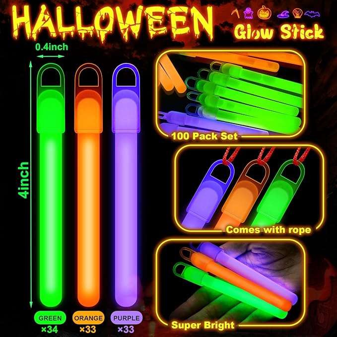 Lewtemi 4" or 6" 100 Pack Bright Glow Sticks Bulk, Glow in The Dark Party Supplies Birthday and Holidays Party Favors