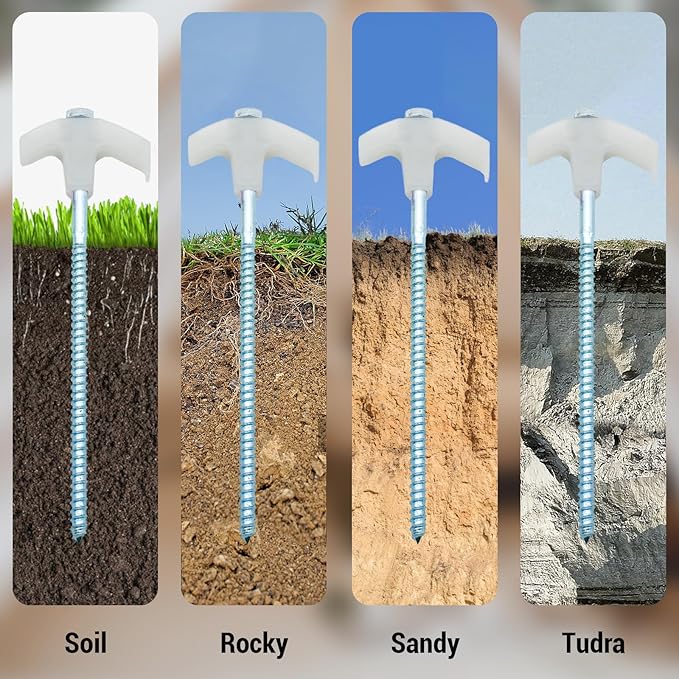 12 Pack Screw in Tent Stakes Heavy Duty-8” Metal Pegs for Ground, Drill in Camping Stake with Hex Head Driver, Spikes Puller, Protector in a Carrying Bag, for Hiking, Hammocks, Glow in Dark