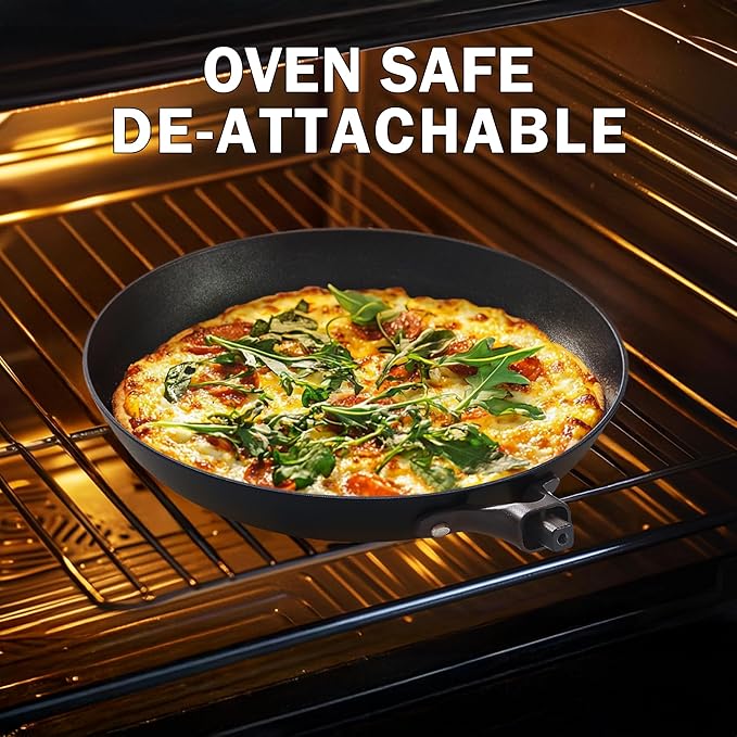 DM Cast Iron Skillet, 10 Inch Nonstick Frying Pan with Detachable Acacia Wooden Handle, Honeycomb Non stick Omelet Egg Pan, Easy Clean Oven Safe Pans for Cooking