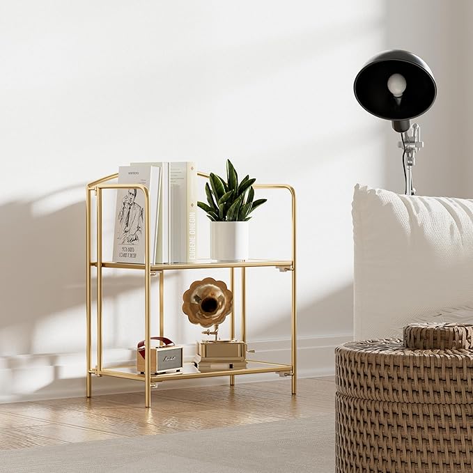 Crofy No Assembly Folding Bookshelf for Living Room, 2 Tier Gold Collapsible Book Shelf for Home Office, Portable Bookcase Storage Organizer