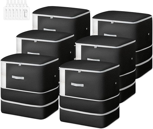 Comforter Storage Bag - 130L Large Capacity Blanket Storage Bags 3-Layer Ultra Space Saving Self Compression Organizer, Washable Compression Bags for Storage Comforter Blanket, 6-Pack, Black