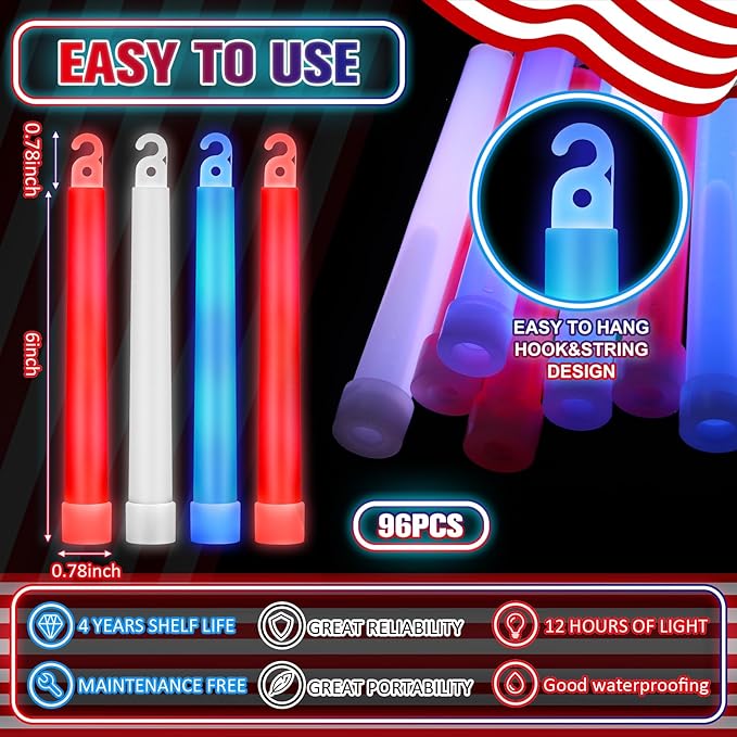 Sotiff 96 Pcs 6 Inch Ultra Bright Emergency Glowing Sticks, Glow Sticks with 12 Hour Duration, Halloween Favors for Party Birthday Wedding Concerts Halloween