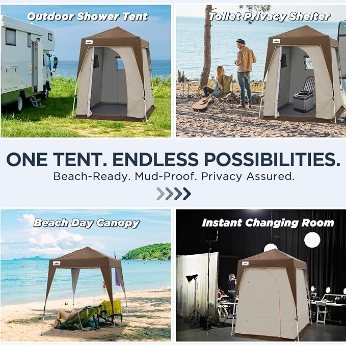 EAGLE PEAK 5x5 Pop Up Privacy Tent with Ground Mat, Portable Changing Room & Outdoor Shower Tent, Portable Canopy for Camping, Pool, Photoshoots or Toilet Shelters 6x6 Base 5x5 Top (Gray/Brown)