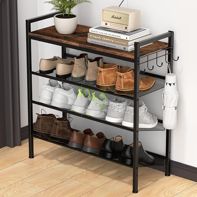 Refrze Shoe Rack for Front Door Entrance, 4 Tier Height-Adjustable Metal Shoe Rack, Sturdy Wooden Top and Tiltable Steel Frame Heavy Duty Shoe Organizer for Bathroom,Bedroom,Kitchen，Include Hook