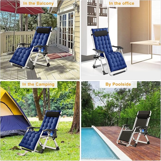 NAIZEA Padded Zero Gravity Chair, Folding Outdoor Lounge Chairs, Adjustable Reclining Camping Chairs with Cup Holder, Ergonomic Patio Lawn Chair for Balcony Beach Deck Yard