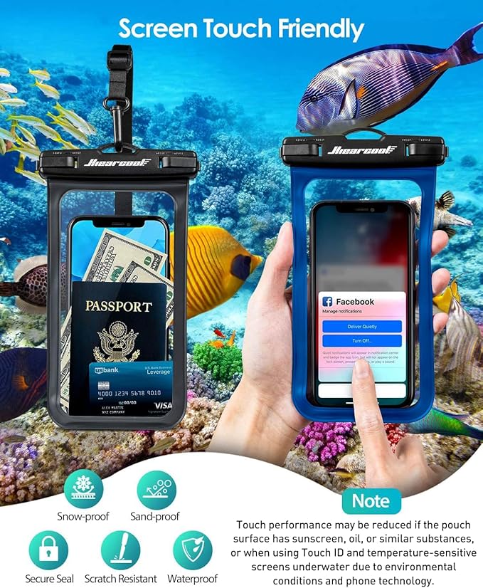 Hiearcool Waterproof Phone Pouch,Universal Waterproof Phone Case Dry Bag Travel Essentials for iPhone, Beach Accessories for Vacation Must Haves - Black&Navy-2 Pack