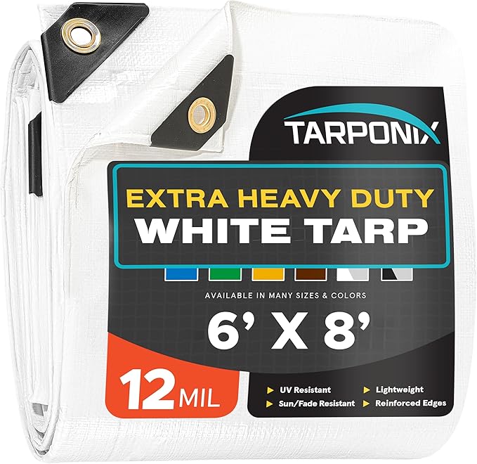 6' x 8' Extra Heavy-Duty White Poly Tarp – 12 Mil Thick, Waterproof, UV-Resistant Polyethylene with Reinforced Edges, Double-Stitched Hems, and Rustproof Grommets