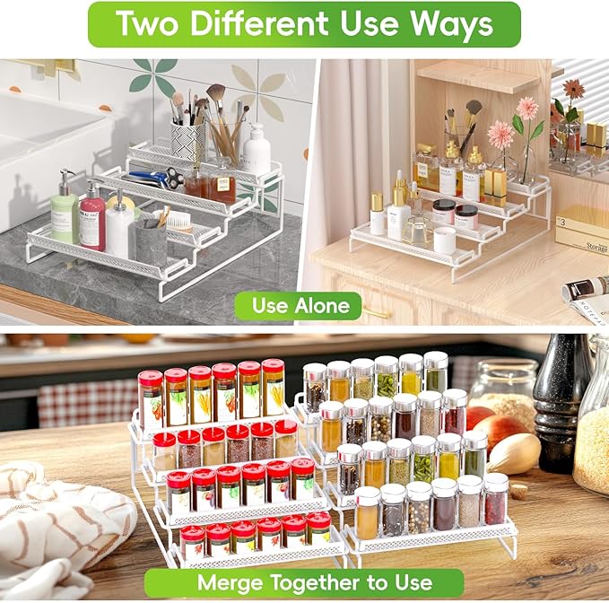 4 Tier Spice Rack Organizer for Inside Cabinet Expandable Display Riser Shelf Seasoning Organizer for Countertop Cupboard Pantry Adjustable Step Storage Holder with Protection Railing (White, 2PC)