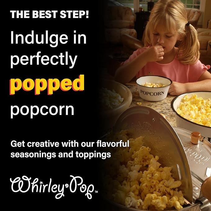Original Whirley Pop Popcorn Popper with Kernels – 6-Quart Silver Popcorn Maker, Fast & Easy-to-Use Snack Machine for Movie Nights, Durable Aluminum Stovetop Popper with Metal Gears