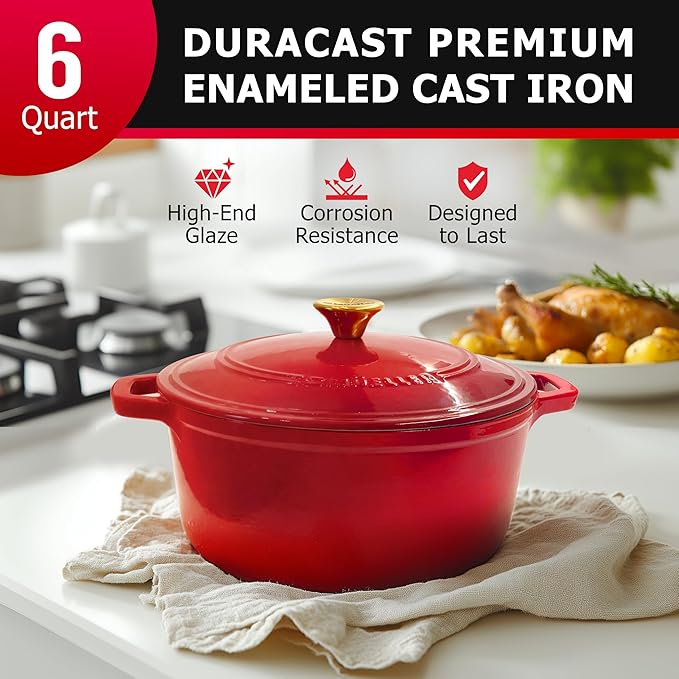 Mueller 6 Qt Enameled Cast Iron Dutch Oven, Heavy-Duty Casserole Dish and Braiser Pan with Lid and Stainless Knob, Safe for All Cooktops
