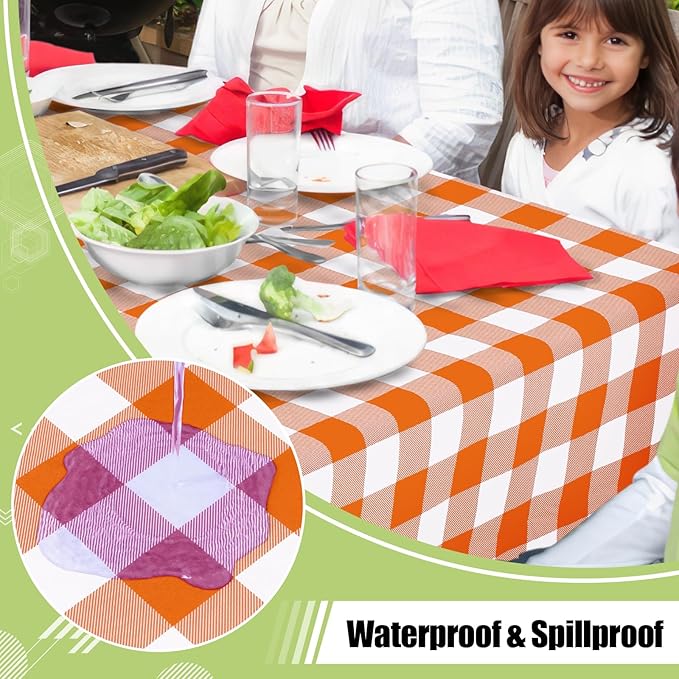 Smiry Rectangle Table Cloth, Waterproof Vinyl Tablecloth with Flannel Backing, Wipeable Buffalo Plaid Table Cover for Dining, Indoor and Outdoor (Orange & White, 52"x70")