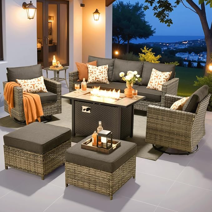 ovios 7 Pieces Patio Furniture Set with 42" Fire Pit Table, Outdoor Wicker Sofa with Swivel Chairs, All Weather High Back Rattan Couch Conversation Set, Black