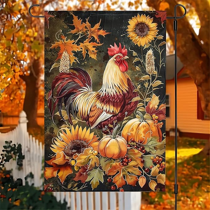 Autumn Rooster Garden Flag 12X18 Inch Double Side,Thanksgiving Harvest Fall Yard Flag,Pumpkin Small Garden Flag,Outdoor Fall Flag for Holiday Outside Patio Decoration